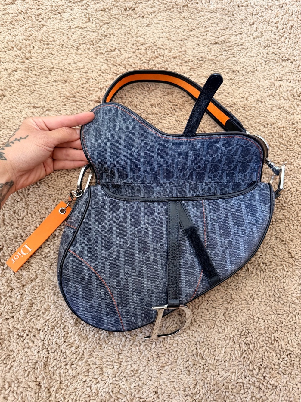 Christian Dior Galliano Denim Monogram Trotter Saddle Bag “Remove Before Flight” - Picture 7 of 11